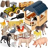 BUYGER Figuras de Animales de Granja Juguetes con Camión Desmontable y Valla, Varios Tamaños...