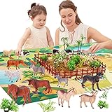 BUYGER Figuras de Animales Juguetes con Tapete de Juego, 12 Piezas Animales de la Granja con Valla y...